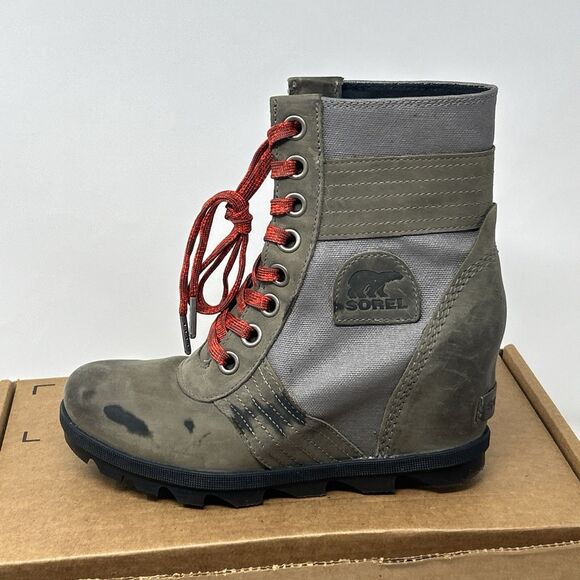 SOREL Lexie Wedge Ankle Boot Quarry Waterproof Leather Canvas Size 7.5/EU 38.5 - Picture 7 of 16
